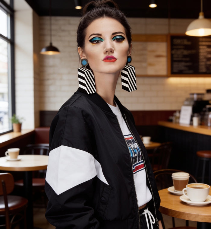 Geometric Stripe Acrylic Drop Earrings – Black & White
