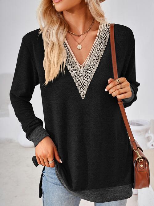 Crochet Contrast V-Neck Long Sleeve Slit T-Shirt by VYSN