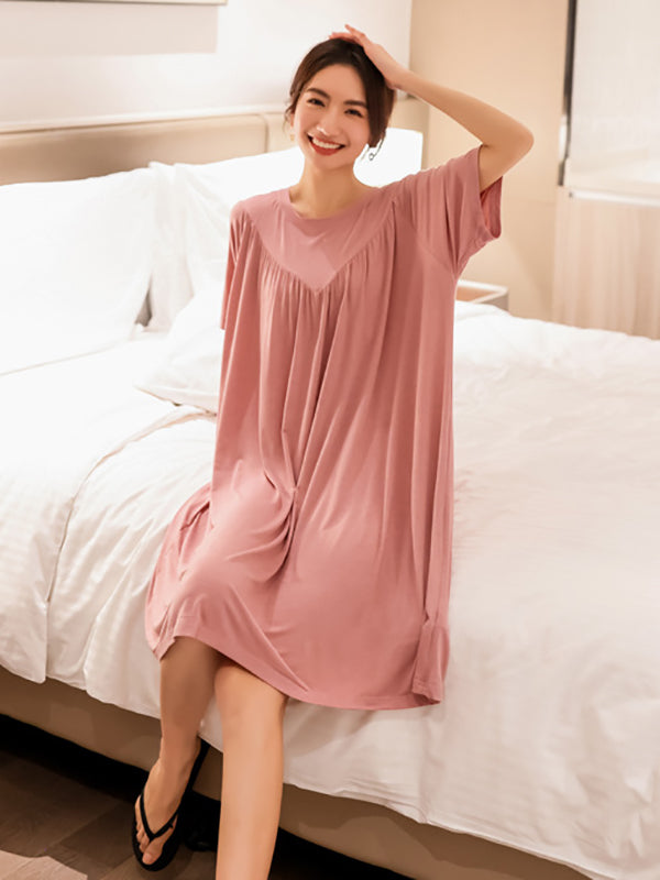 Loose Solid Color Pleated Modal Pajamas Dress by migunica