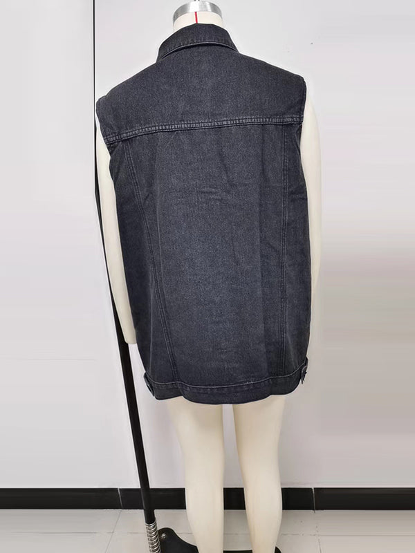 Loose Sleeveless Buttoned Drawstring Pockets Split-Joint Polo Vest Outerwear by migunica