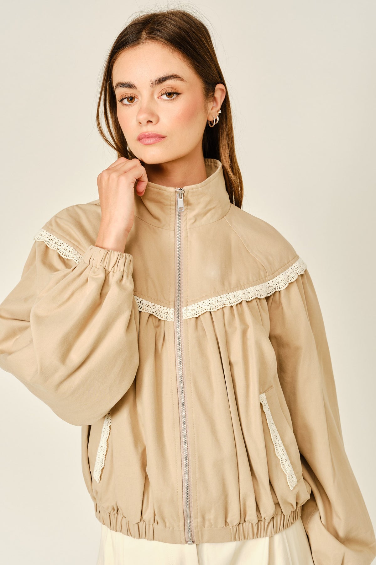 Tan Lace Trim Bomber Jacket