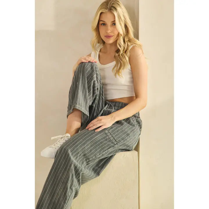 Pinstripe Utility Wide-Leg Pants