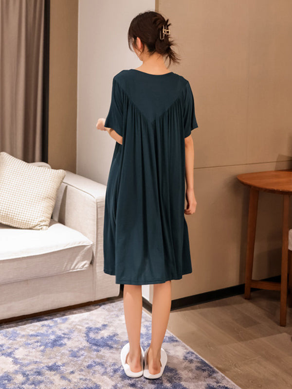 Loose Solid Color Pleated Modal Pajamas Dress by migunica