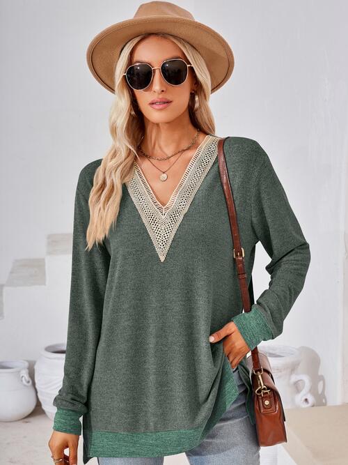 Crochet Contrast V-Neck Long Sleeve Slit T-Shirt by VYSN