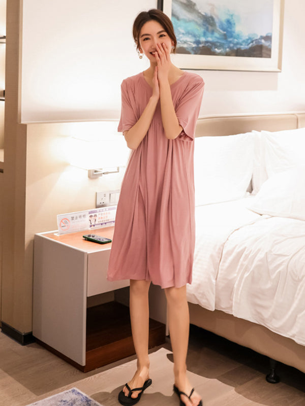 Loose Solid Color Pleated Modal Pajamas Dress by migunica