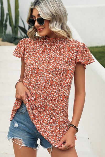 Ditsy Floral Mock Neck Short Sleeve T-Shirt by VYSN