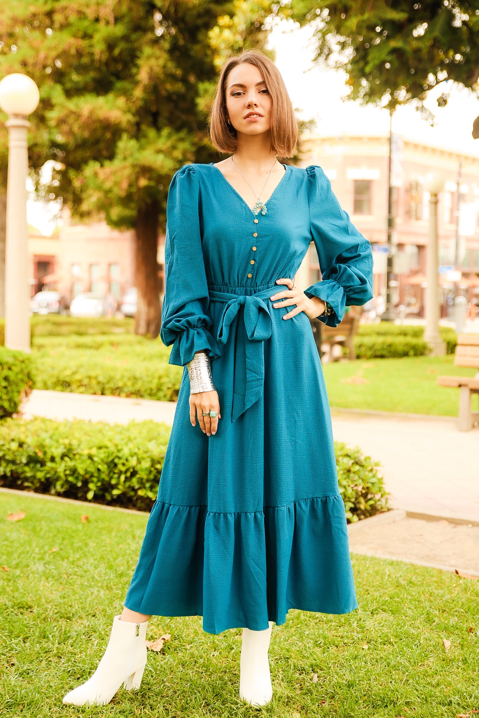 Puffed Sleeve Ruffle Hem Belted Blue Dress by Knit and Lounge