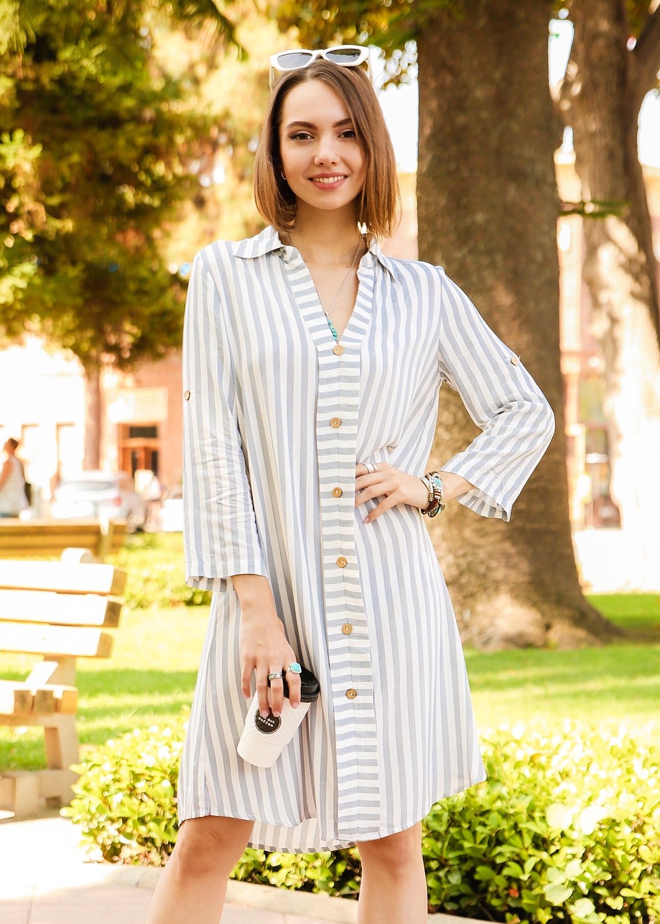 Striped Print Roll Tab Sleeve Shirt Dress by Knit and Lounge