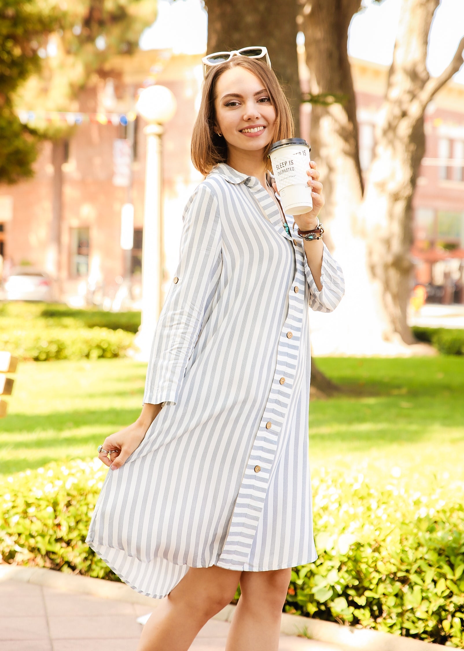 Striped Print Roll Tab Sleeve Shirt Dress by Knit and Lounge