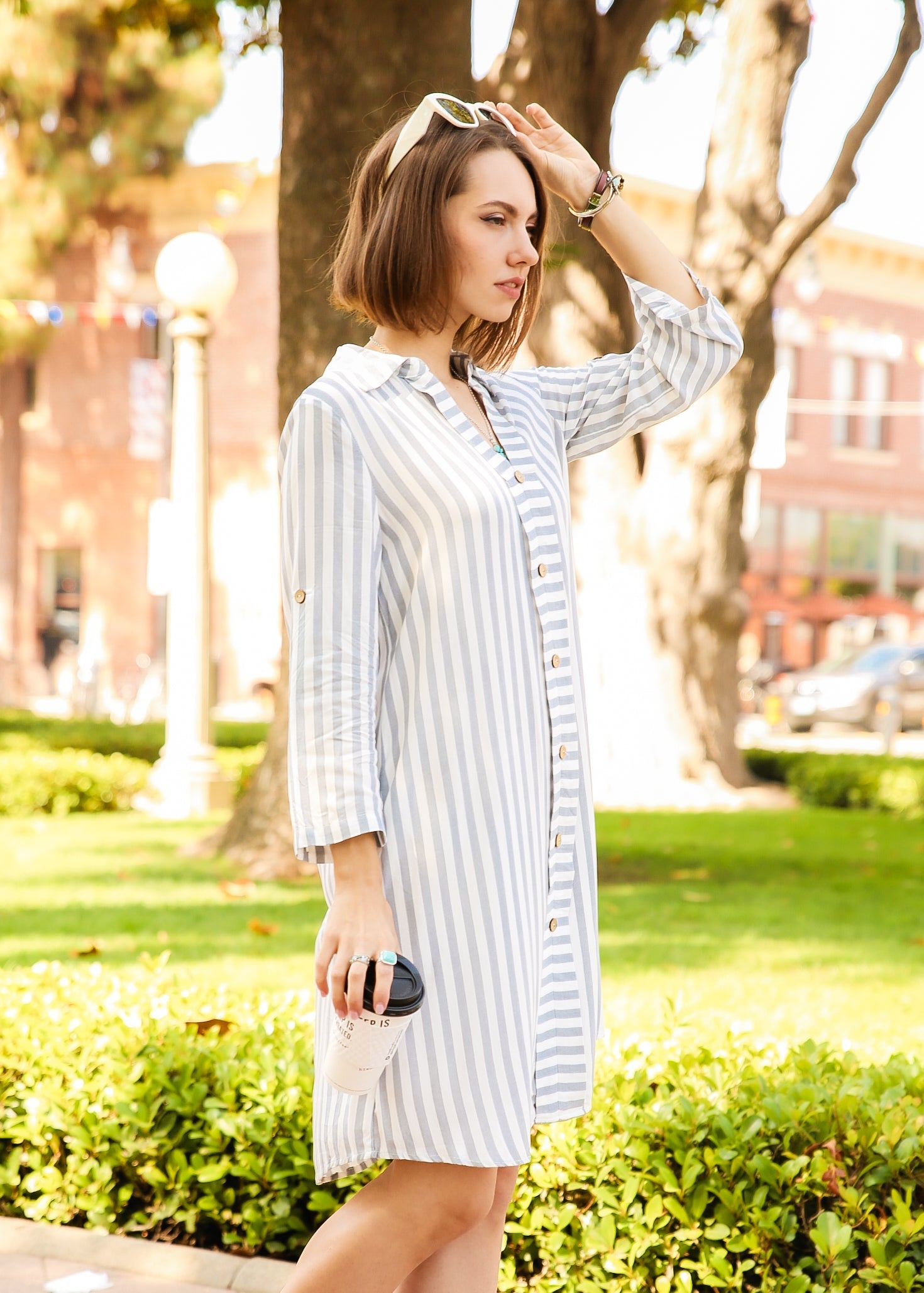 Striped Print Roll Tab Sleeve Shirt Dress by Knit and Lounge