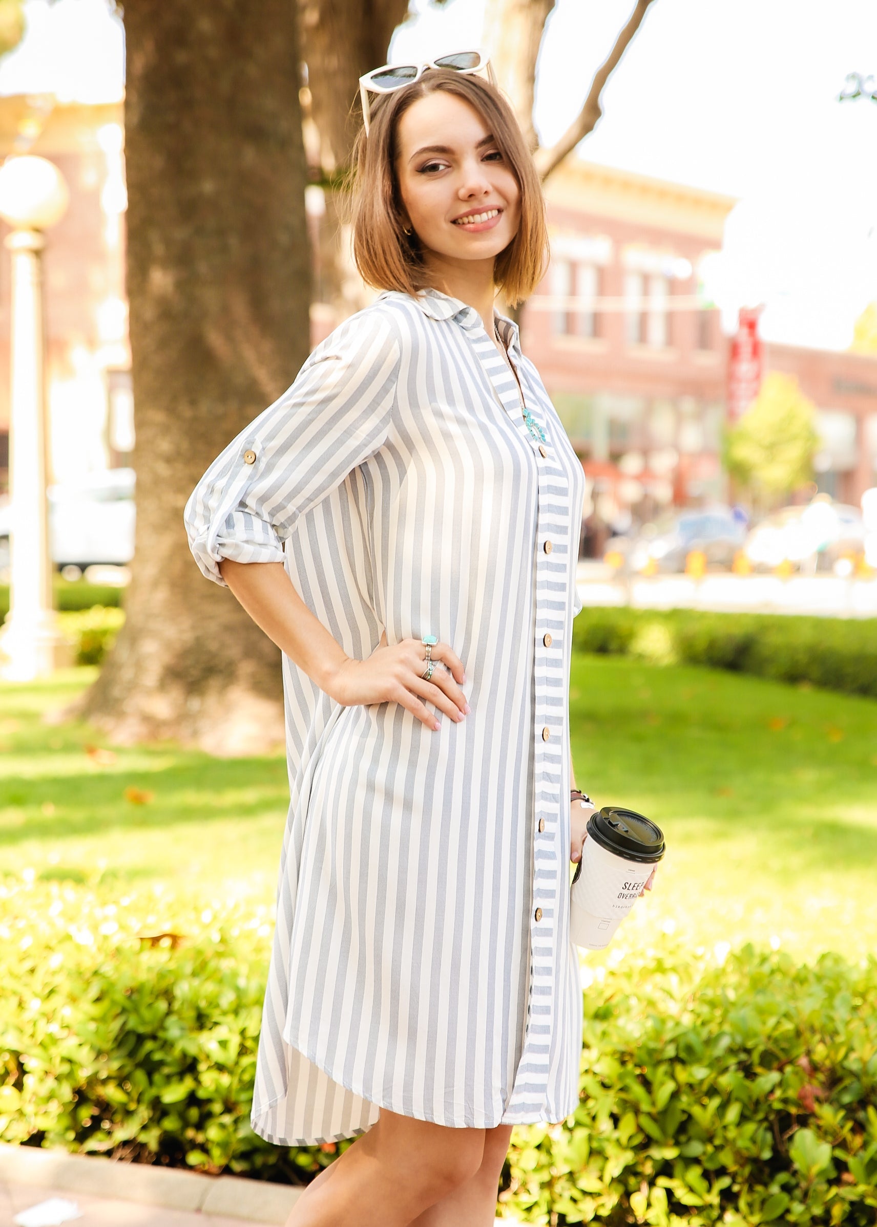 Striped Print Roll Tab Sleeve Shirt Dress by Knit and Lounge