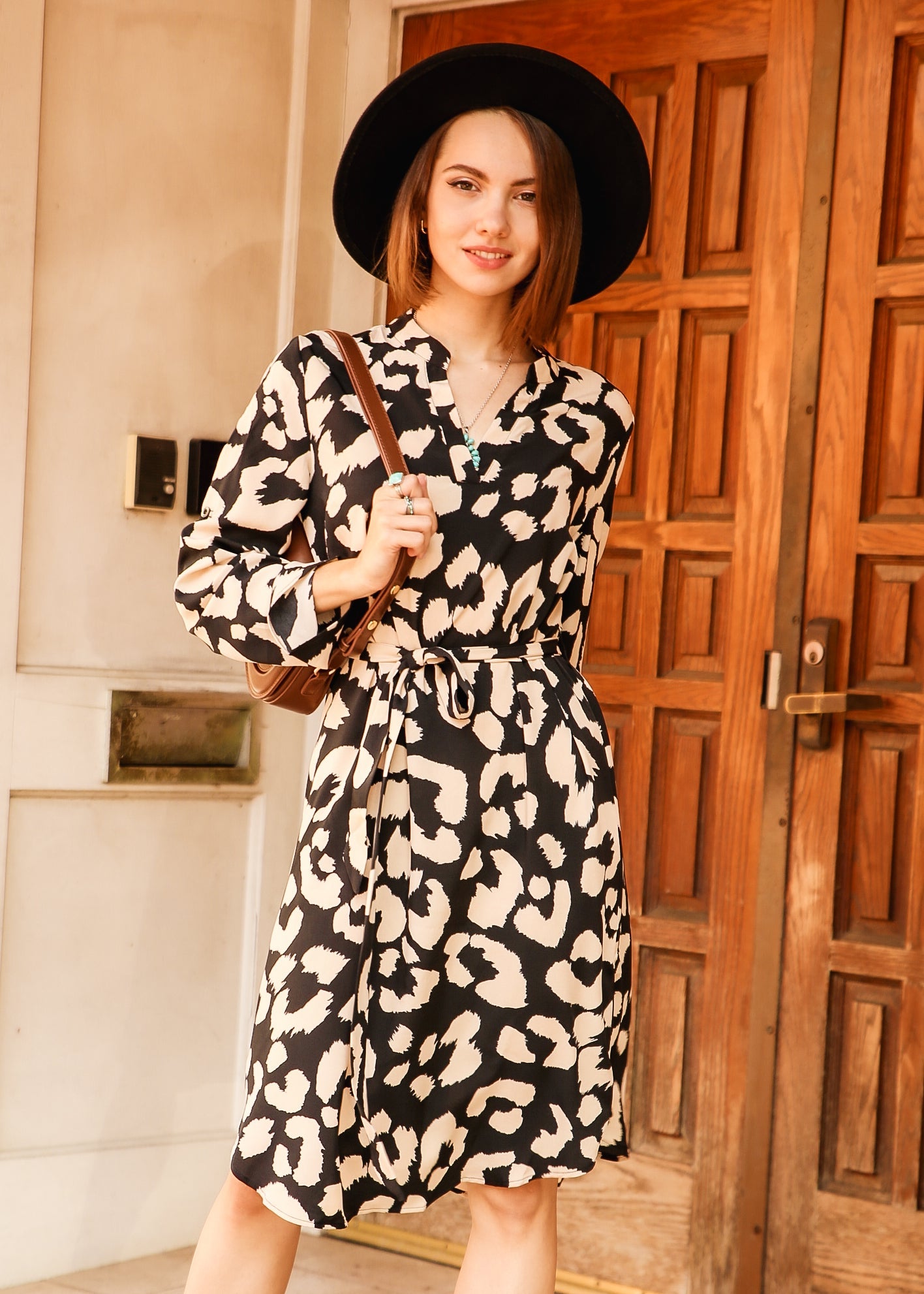 Leopard Print Roll Tab Sleeve Belted Dress by Knit and Lounge