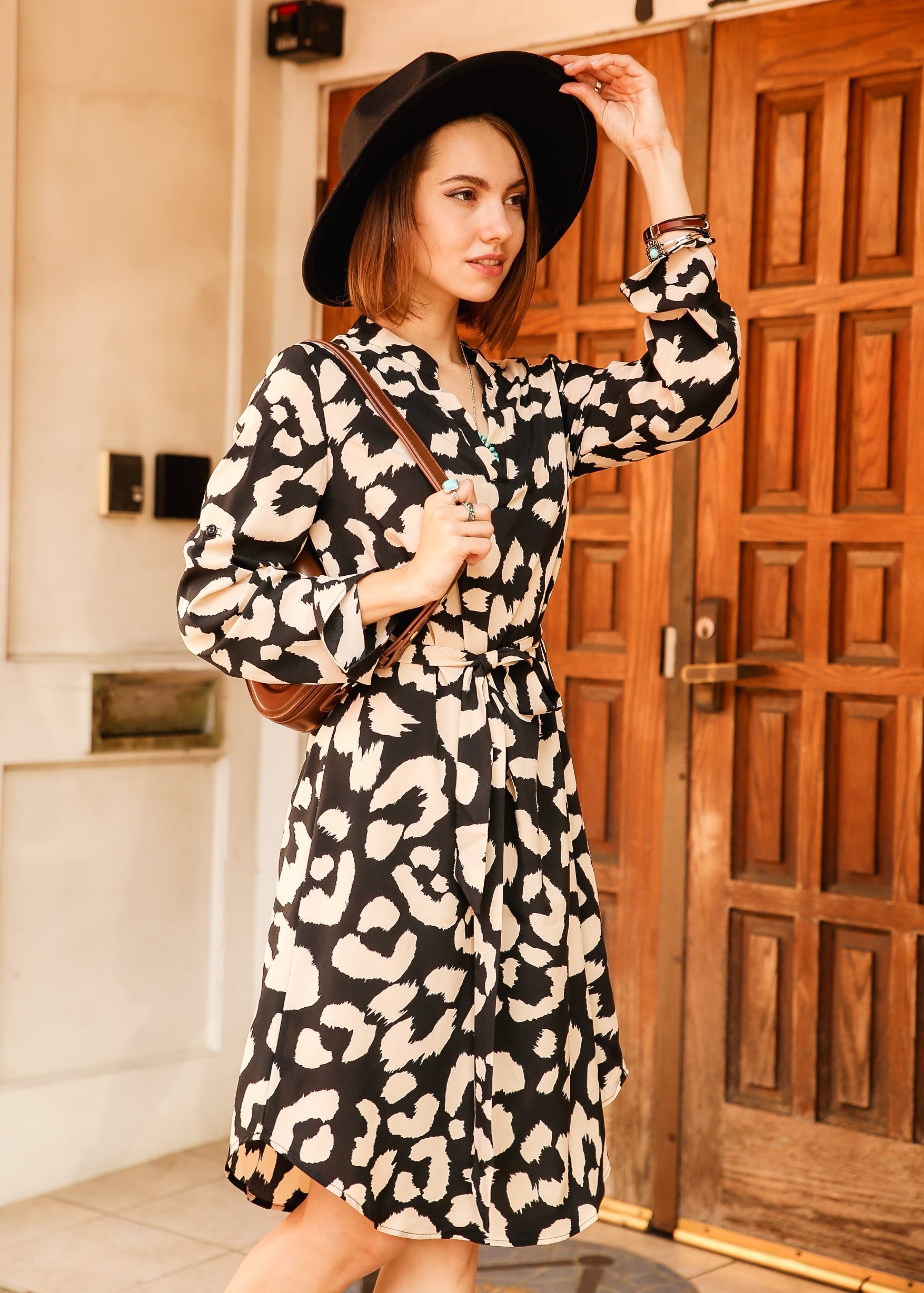 Leopard Print Roll Tab Sleeve Belted Dress by Knit and Lounge