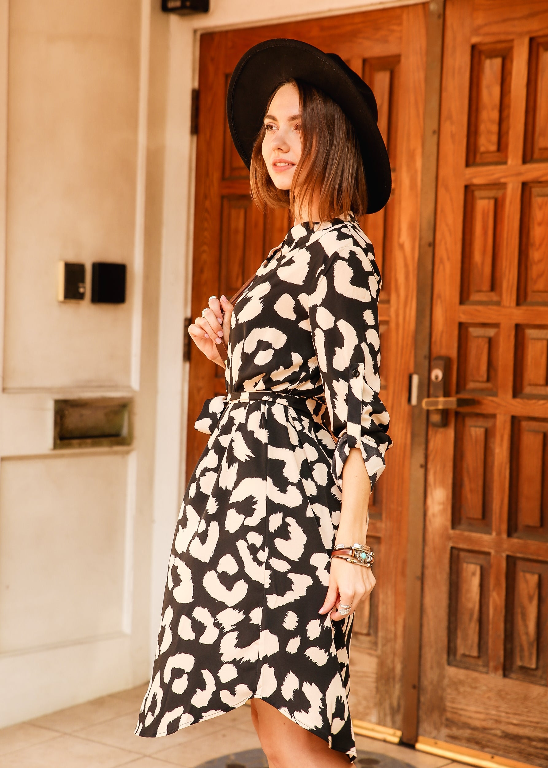 Leopard Print Roll Tab Sleeve Belted Dress by Knit and Lounge