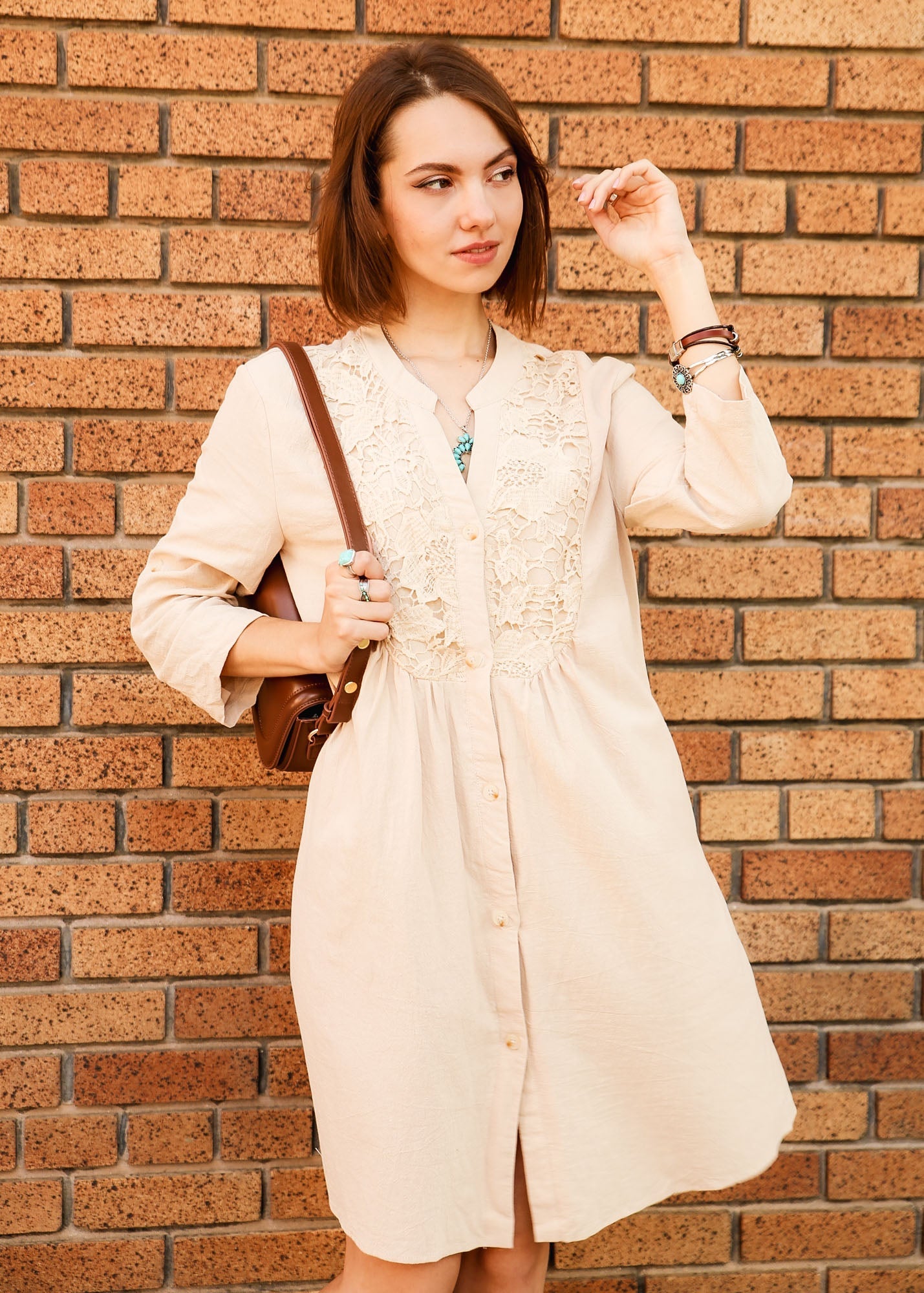 Contrast Lace Roll Tab Sleeve Button Front Smock Dress by Knit and Lounge