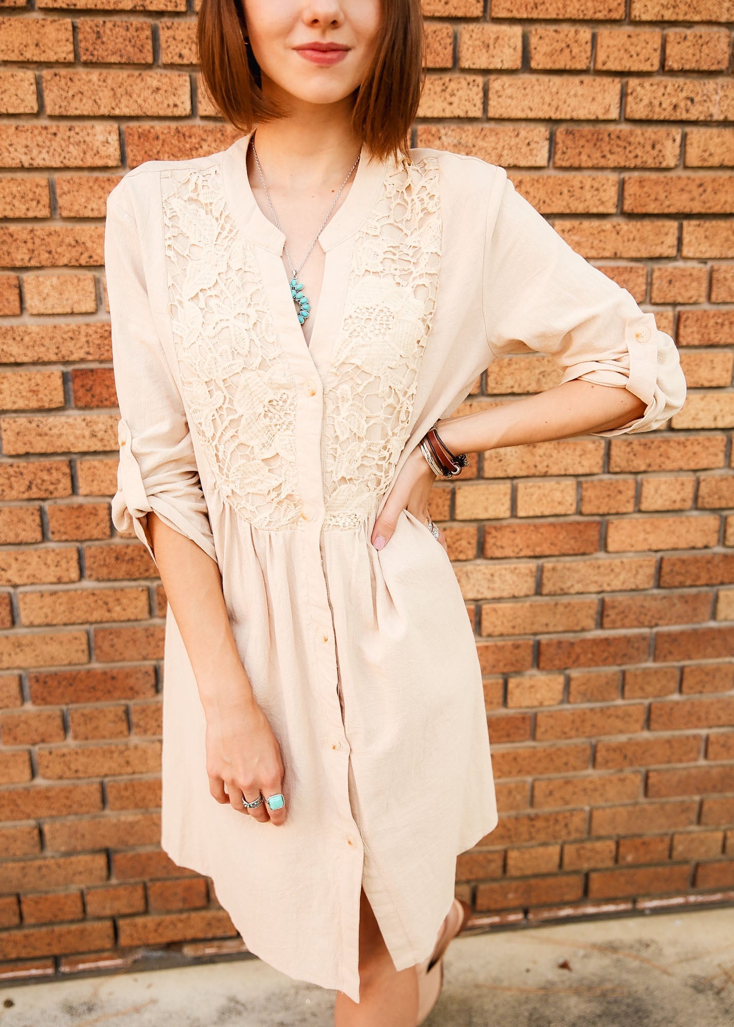 Contrast Lace Roll Tab Sleeve Button Front Smock Dress by Knit and Lounge