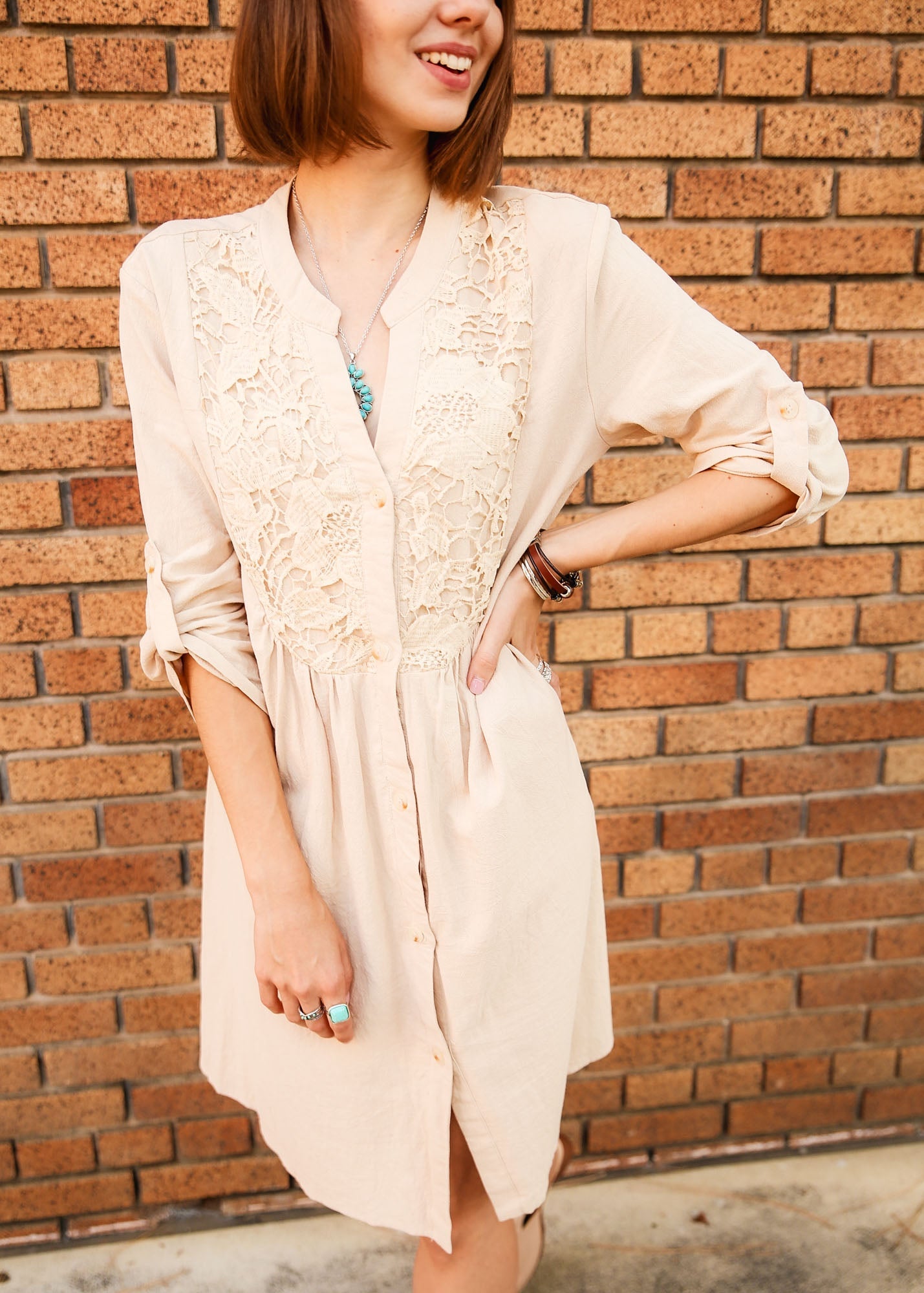 Contrast Lace Roll Tab Sleeve Button Front Smock Dress by Knit and Lounge