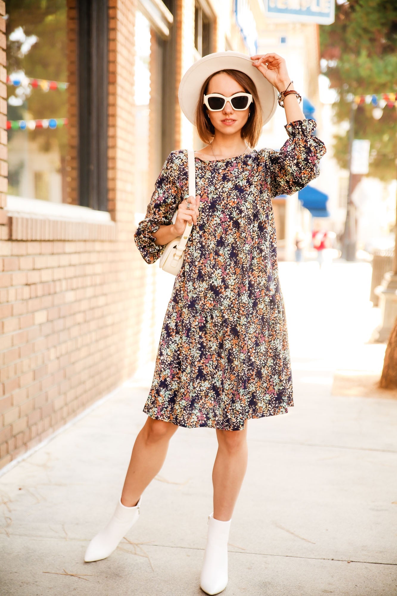 Ditsy Floral Print Puffed Sleeve Gathered Dress by Knit and Lounge