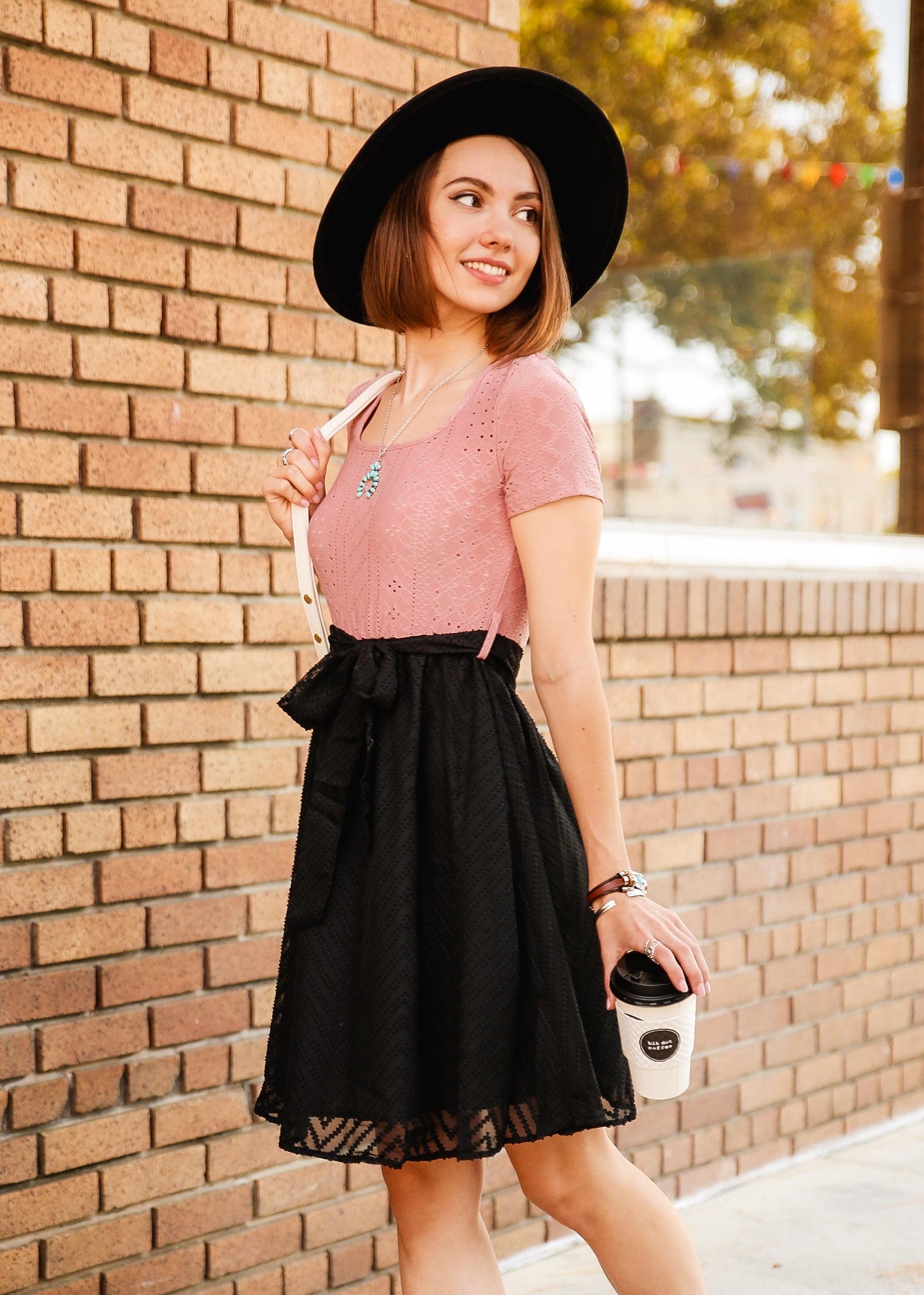 Eyelet Embroidery Square Neck Belted Mauve Dress by Knit and Lounge