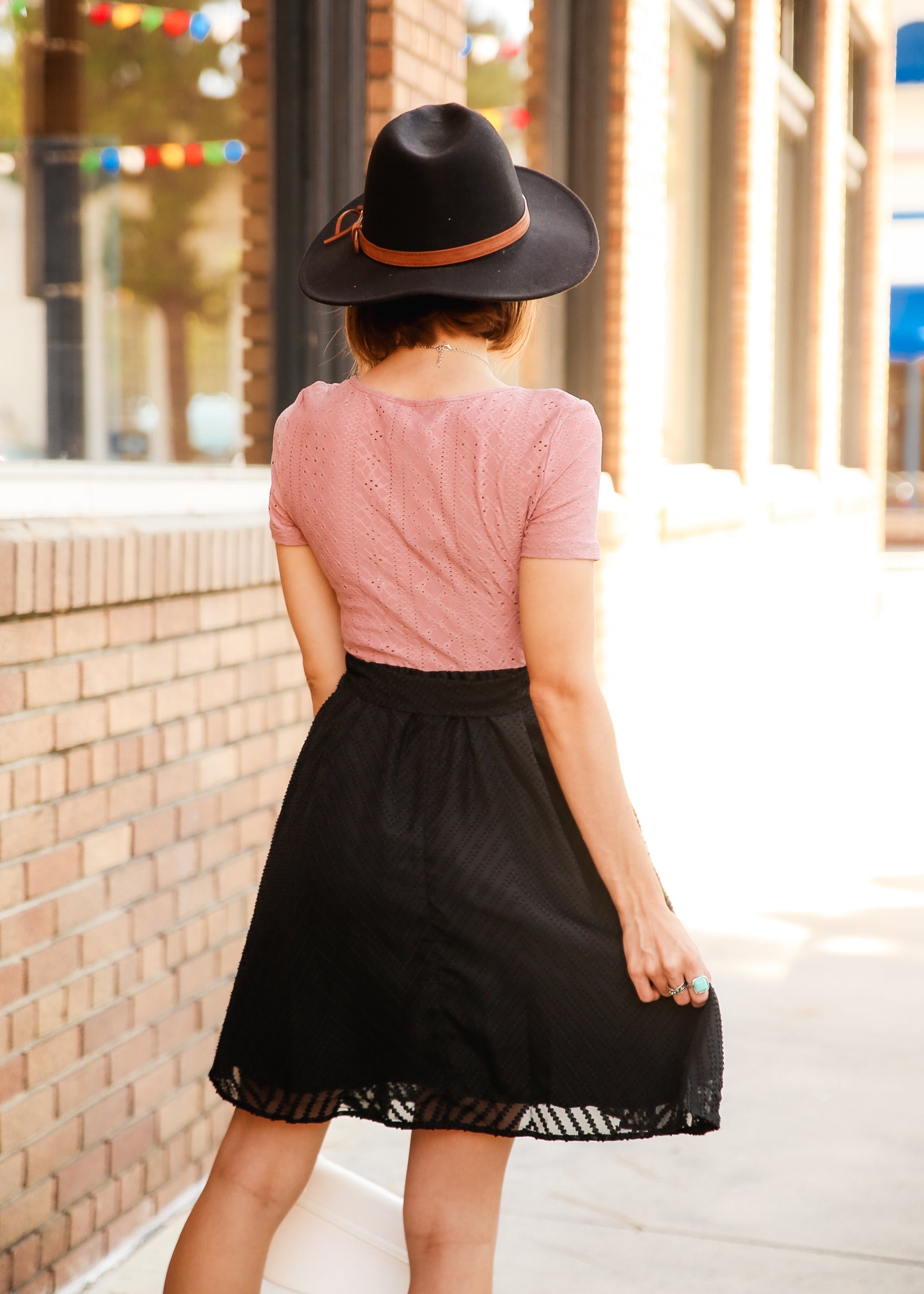 Eyelet Embroidery Square Neck Belted Mauve Dress by Knit and Lounge