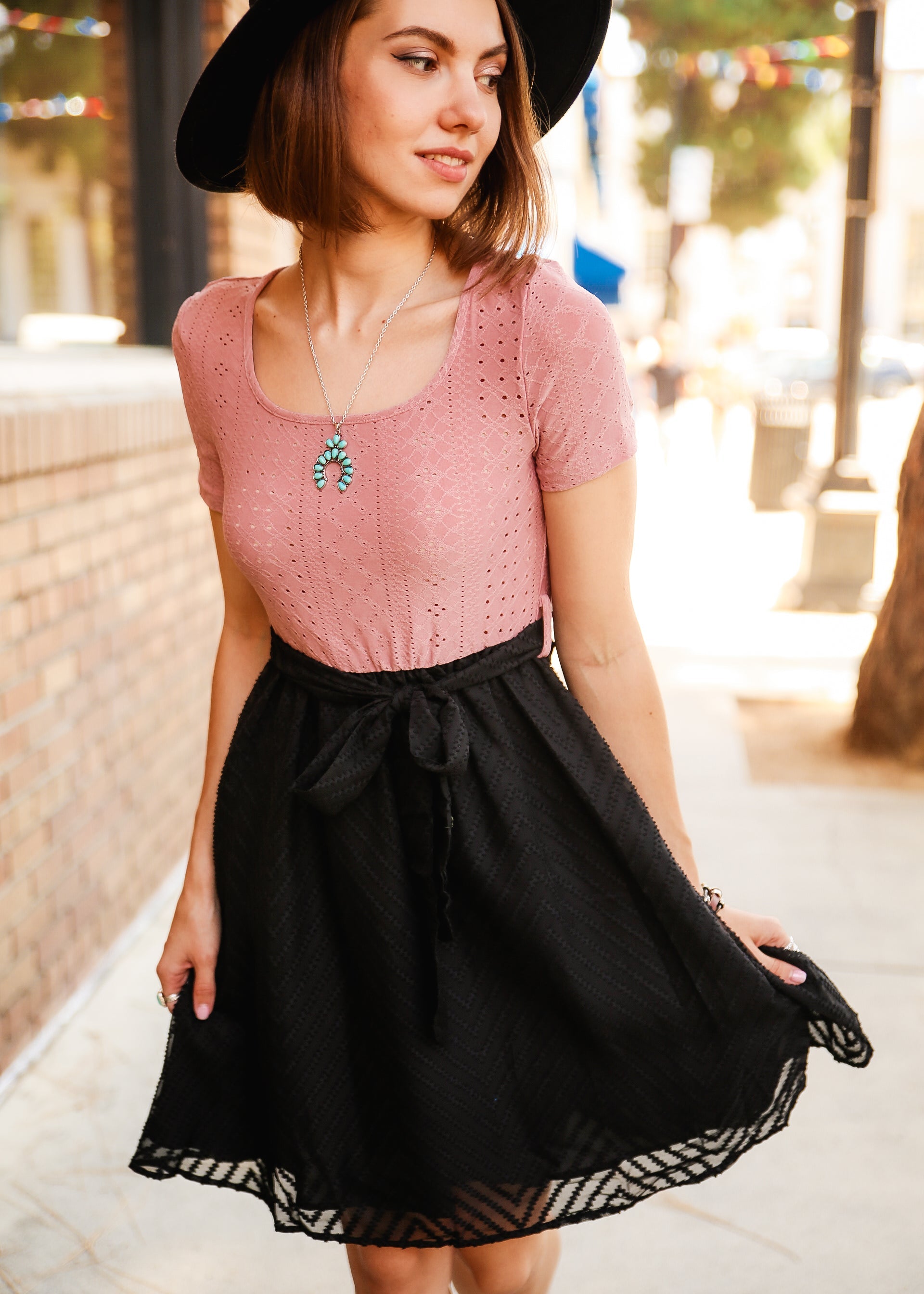 Eyelet Embroidery Square Neck Belted Mauve Dress by Knit and Lounge