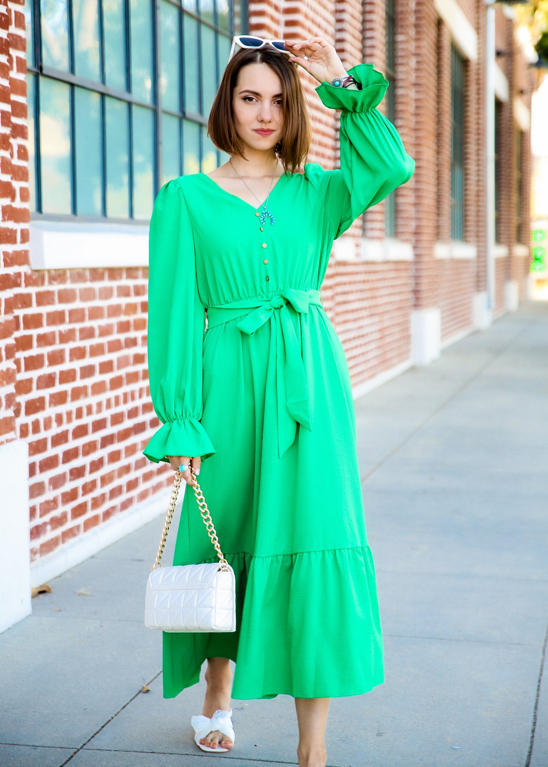 Puffed Sleeve Ruffle Hem Belted Green Dress by Knit and Lounge