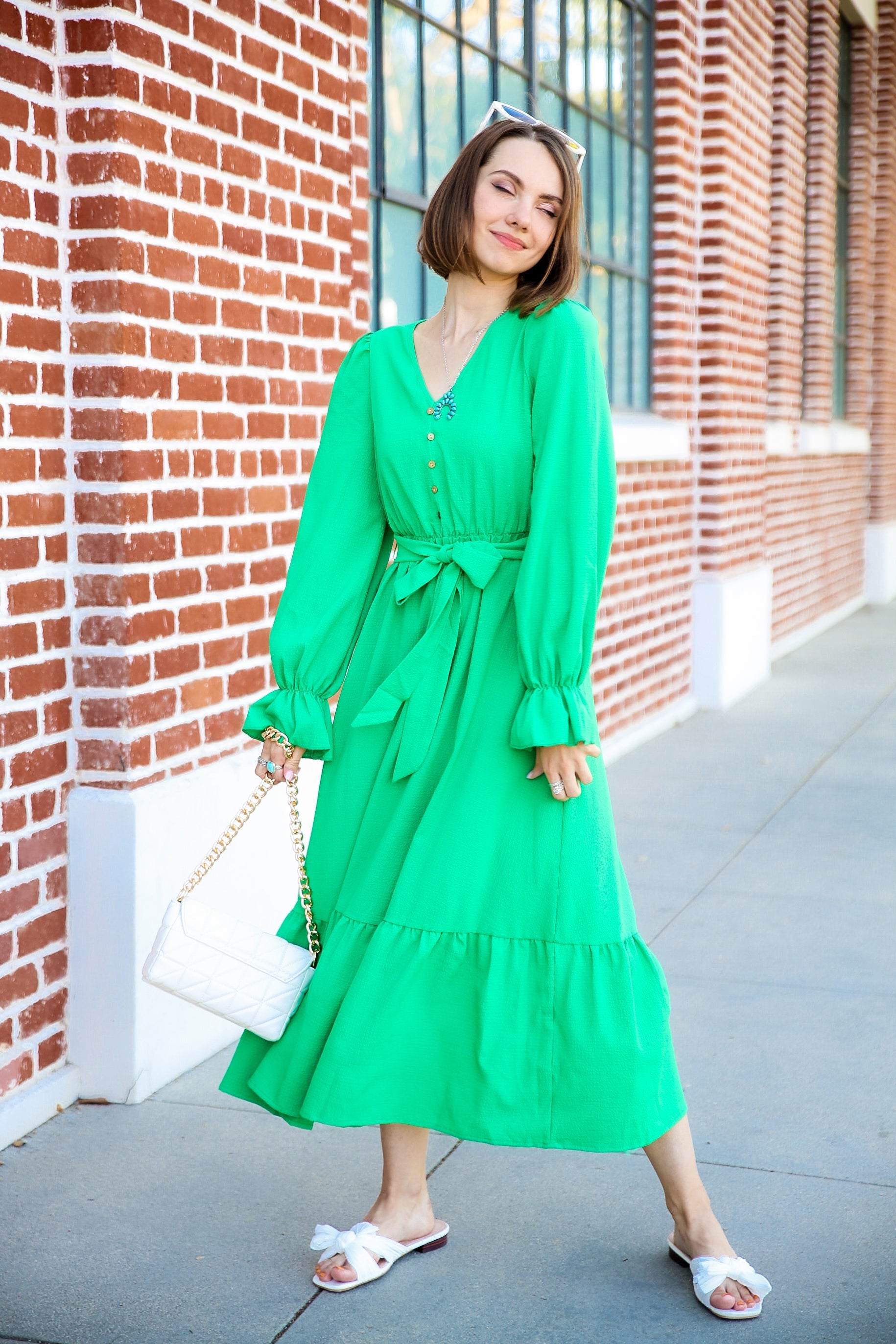 Puffed Sleeve Ruffle Hem Belted Green Dress by Knit and Lounge