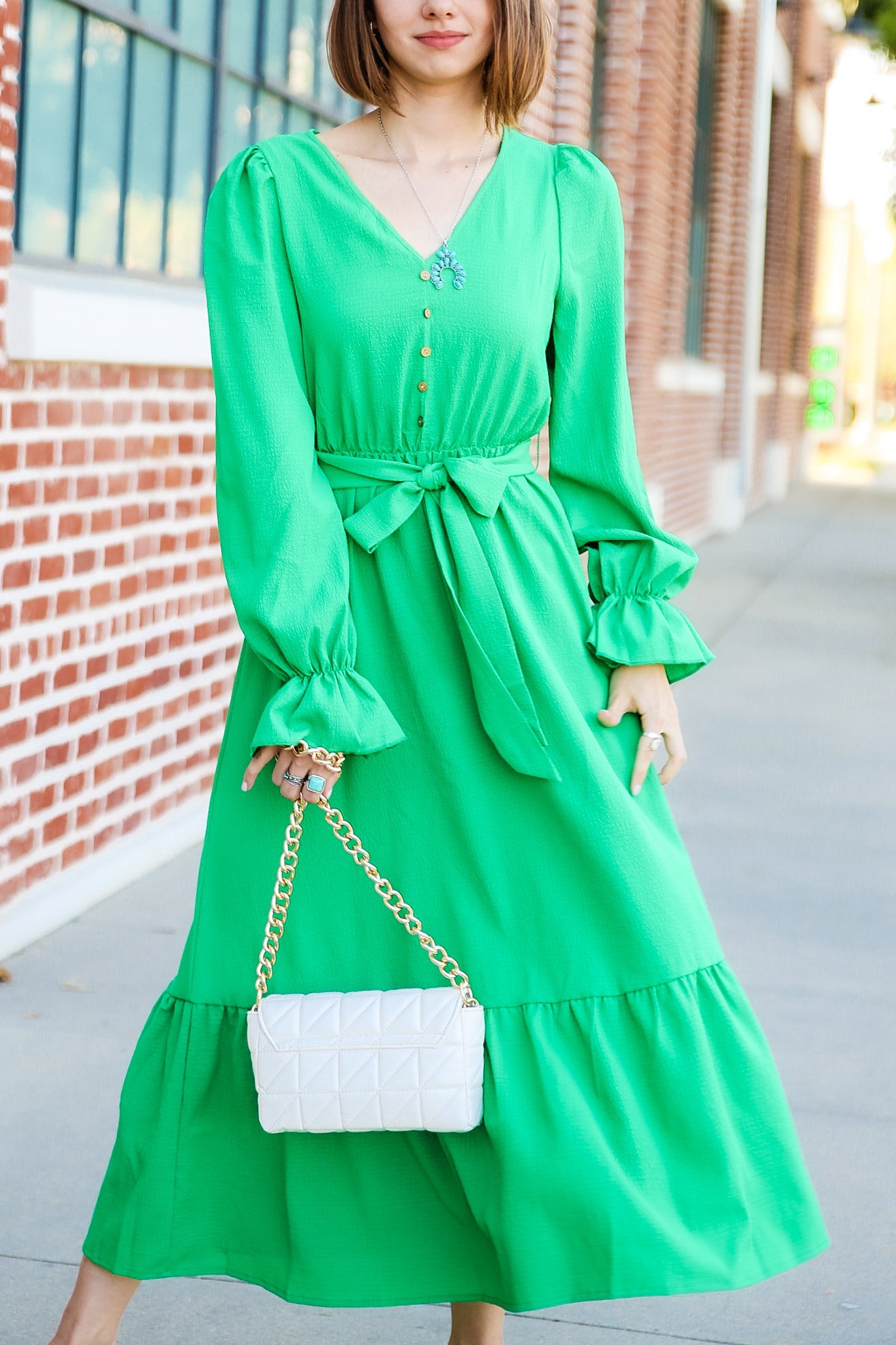 Puffed Sleeve Ruffle Hem Belted Green Dress by Knit and Lounge