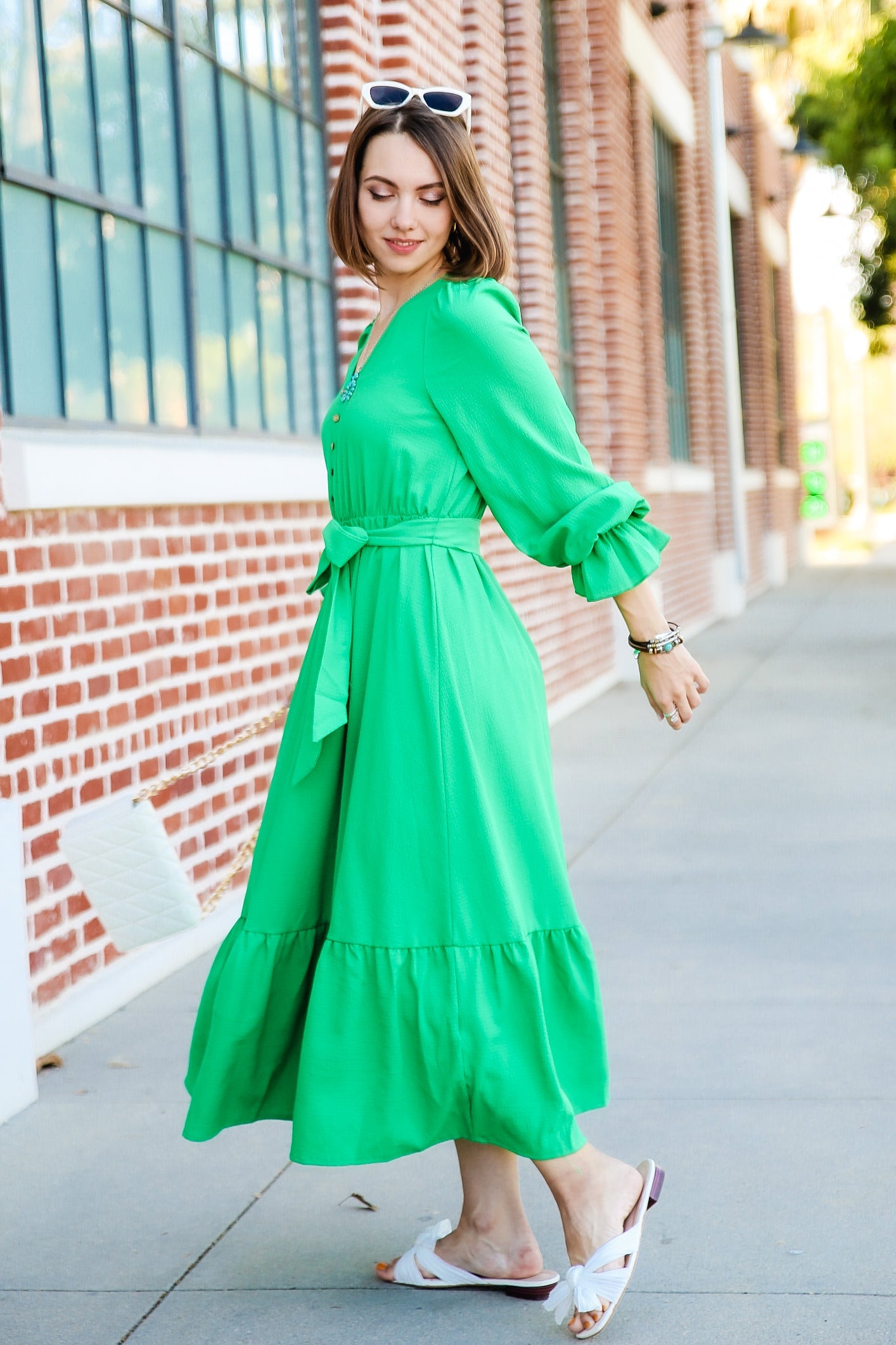 Puffed Sleeve Ruffle Hem Belted Green Dress by Knit and Lounge