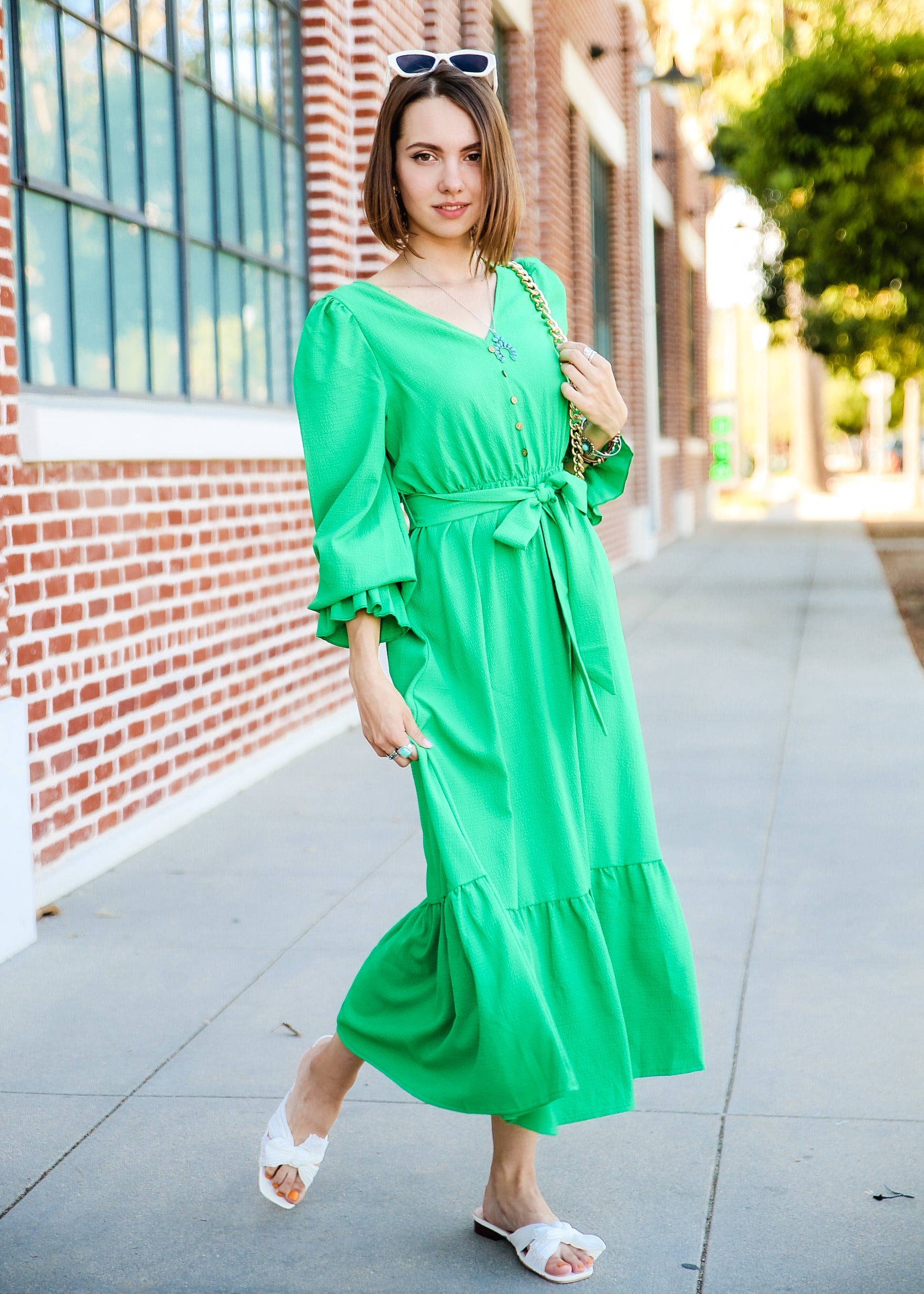 Puffed Sleeve Ruffle Hem Belted Green Dress by Knit and Lounge