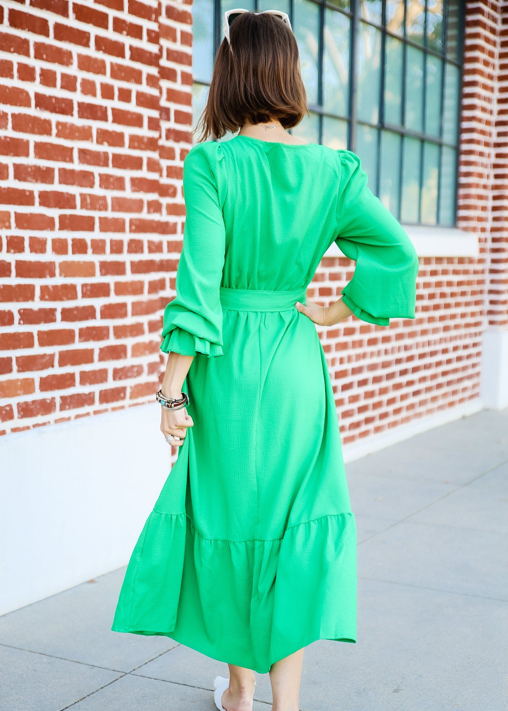 Puffed Sleeve Ruffle Hem Belted Green Dress by Knit and Lounge