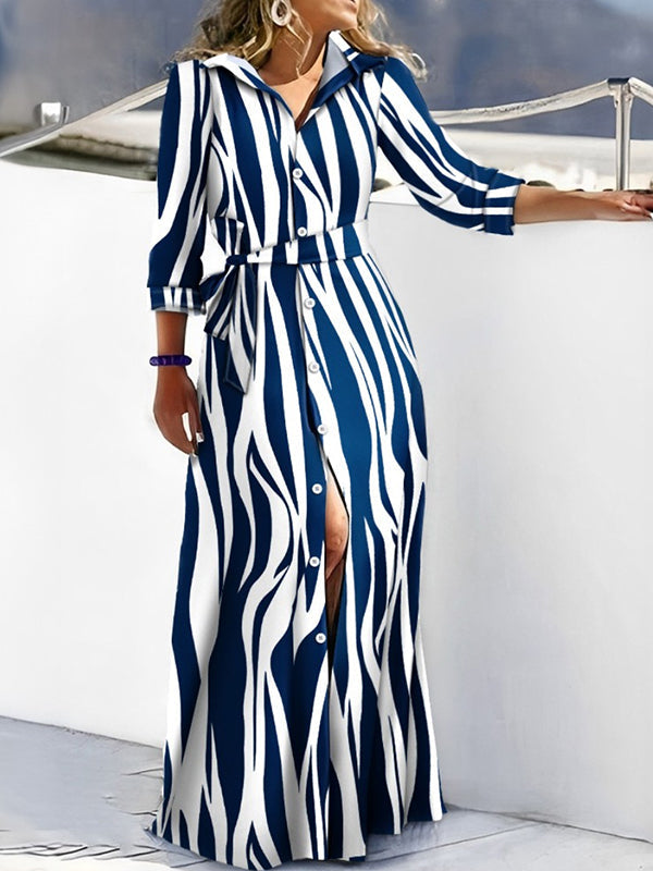 High Waisted Long Sleeves Buttoned Tied Waist Zebra Printed V-Neck Maxi Dresses Shirt Dress by migunica