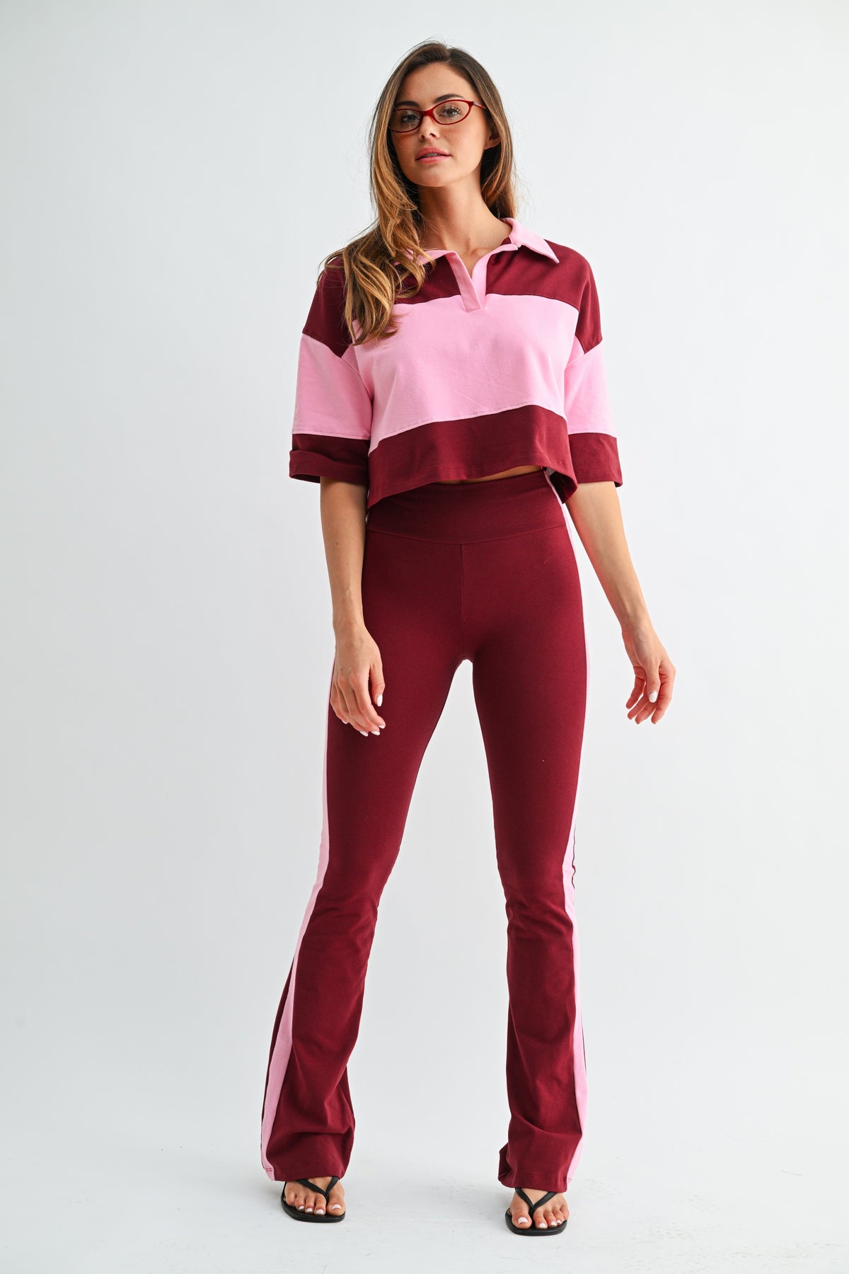 Maroon Pink Colour-Block Polo Set