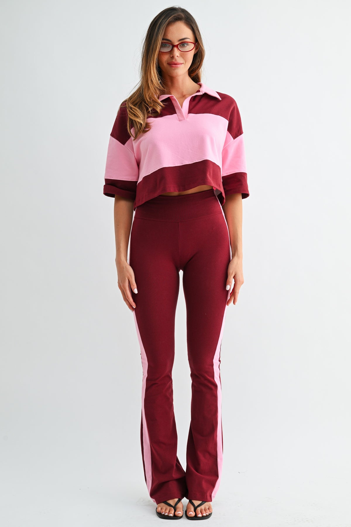 Maroon Pink Colour-Block Polo Set