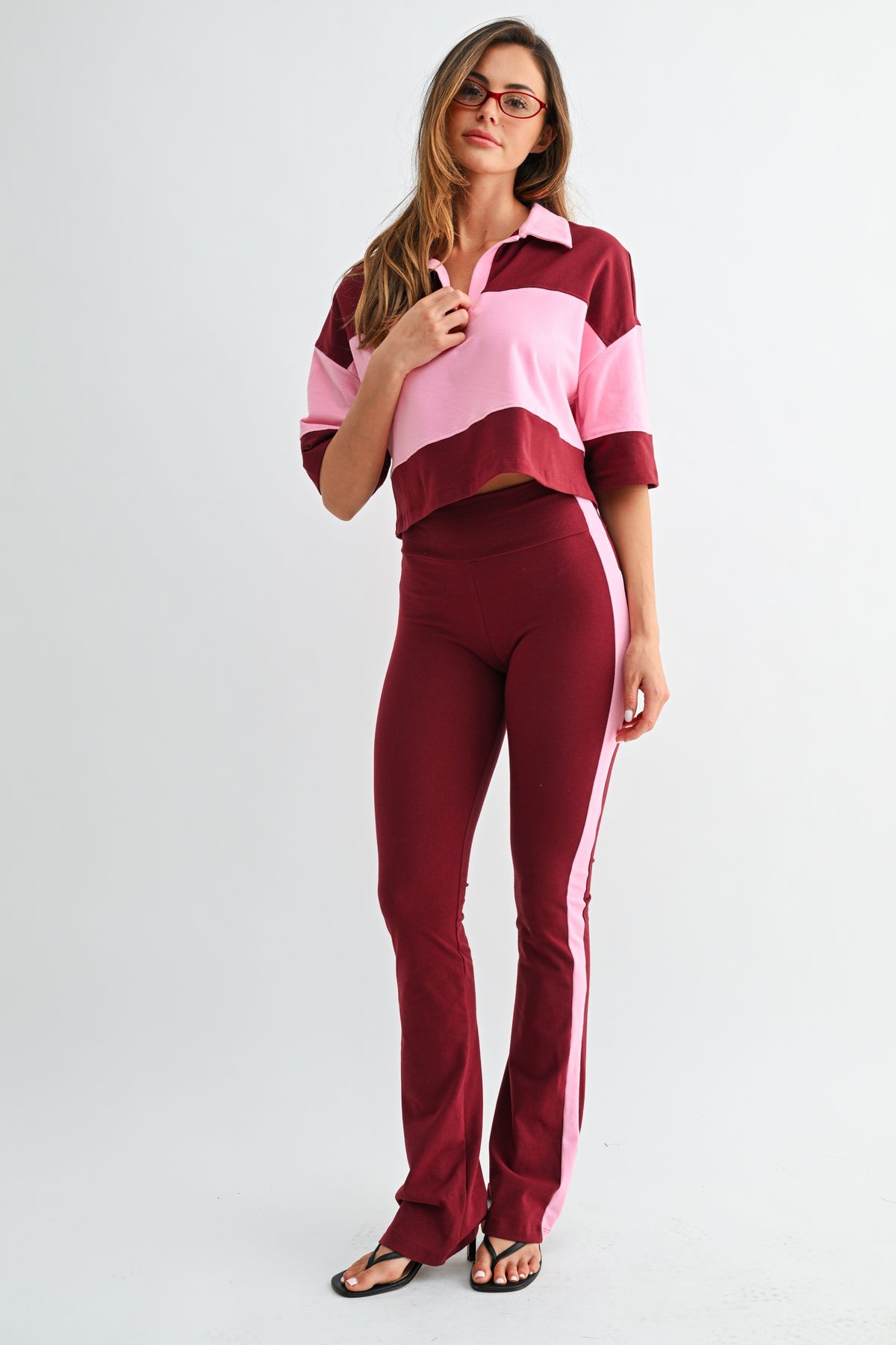 Maroon Pink Colour-Block Polo Set