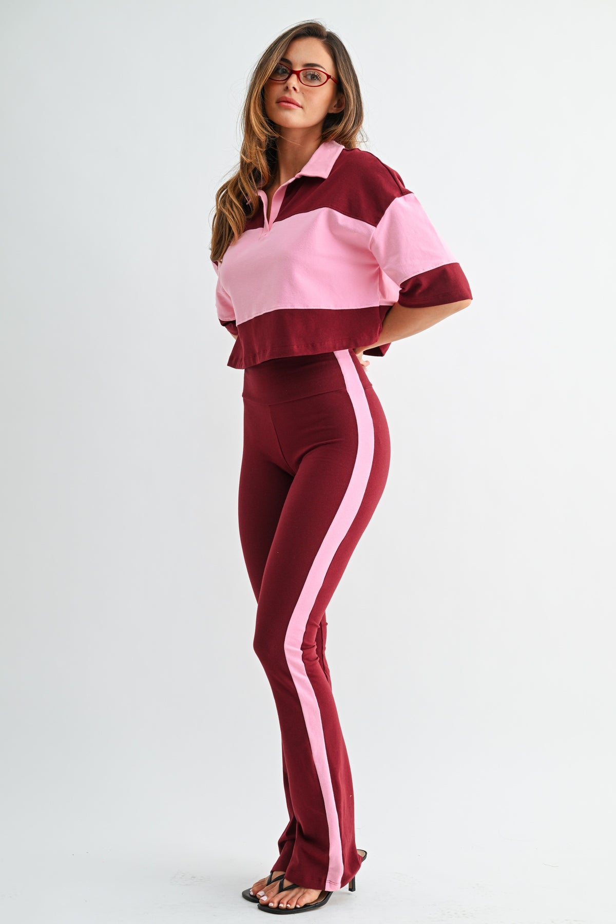 Maroon Pink Colour-Block Polo Set