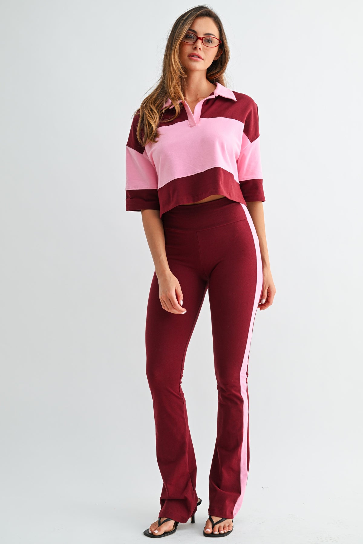Maroon Pink Colour-Block Polo Set