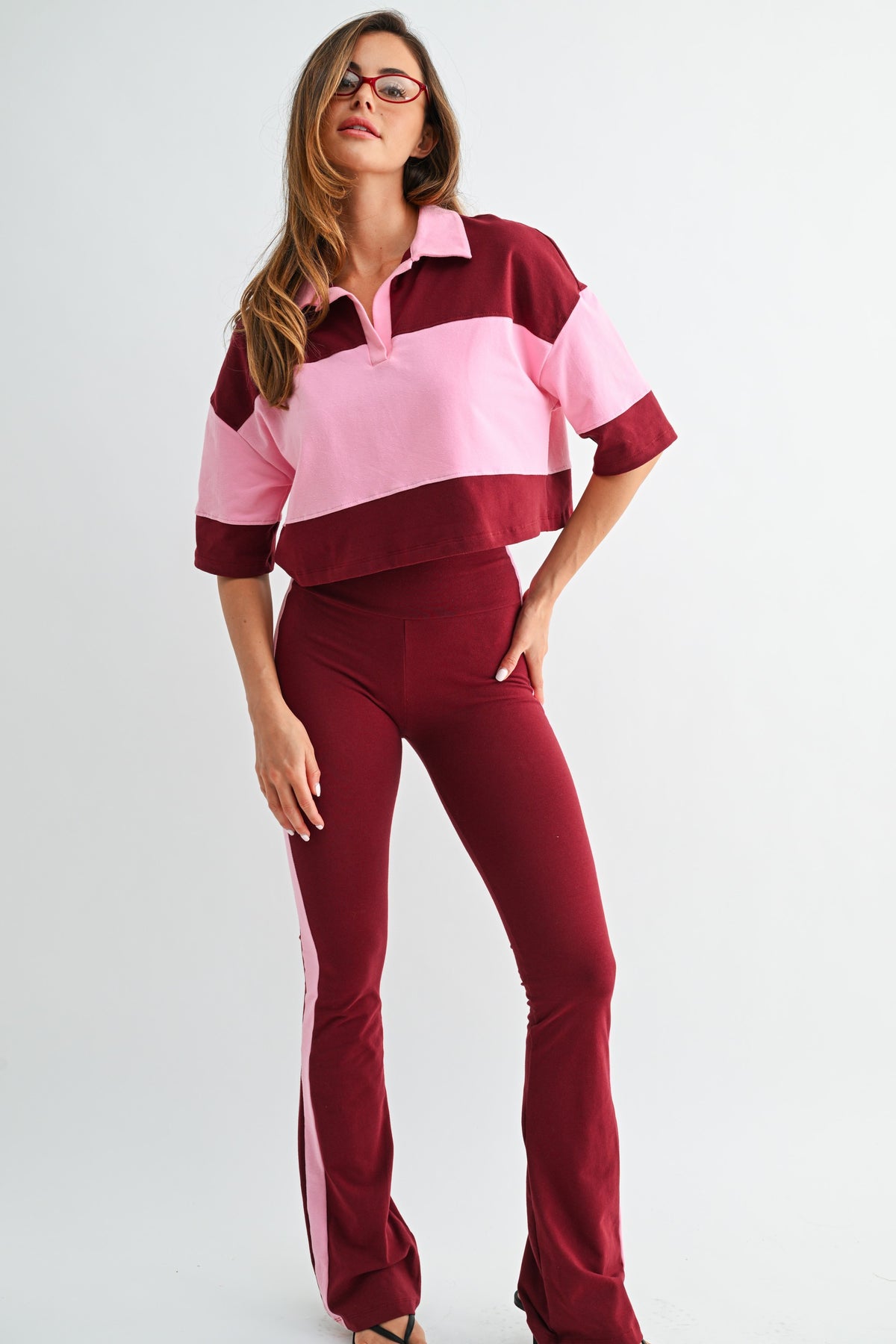 Maroon Pink Colour-Block Polo Set