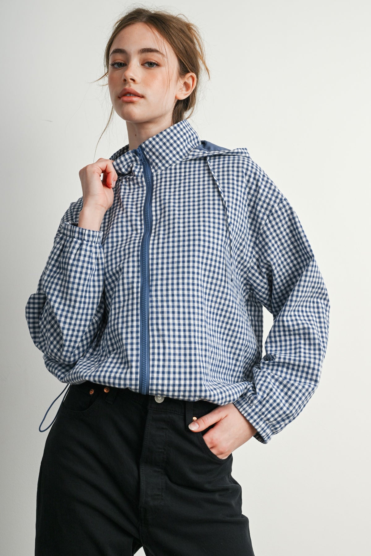 Navy Gingham Hooded Windbreaker