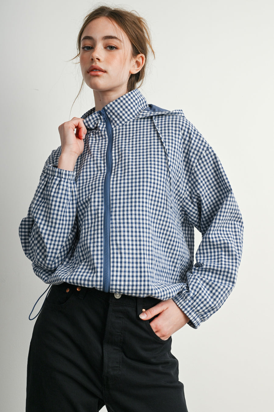 Navy Gingham Hooded Windbreaker