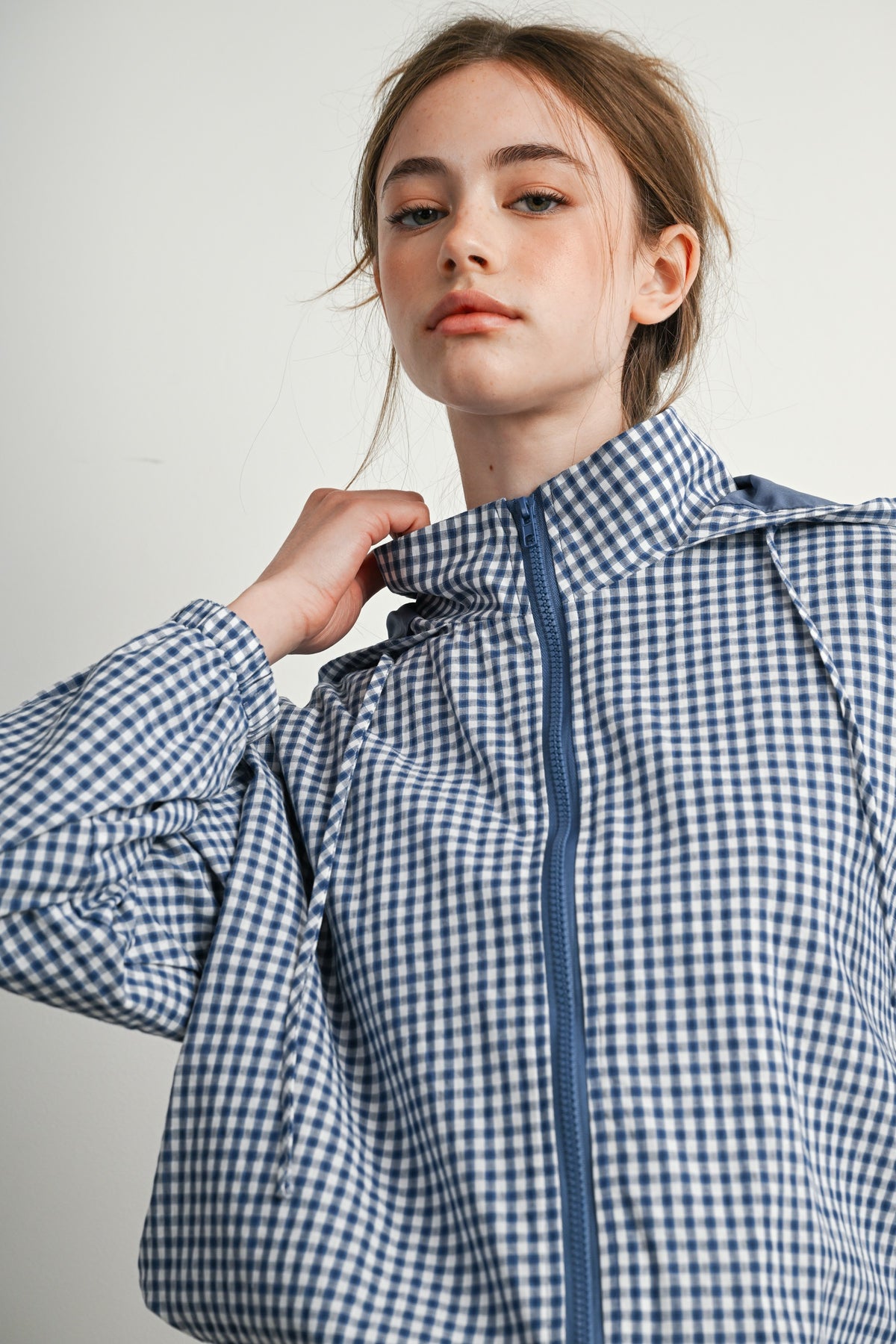 Navy Gingham Hooded Windbreaker