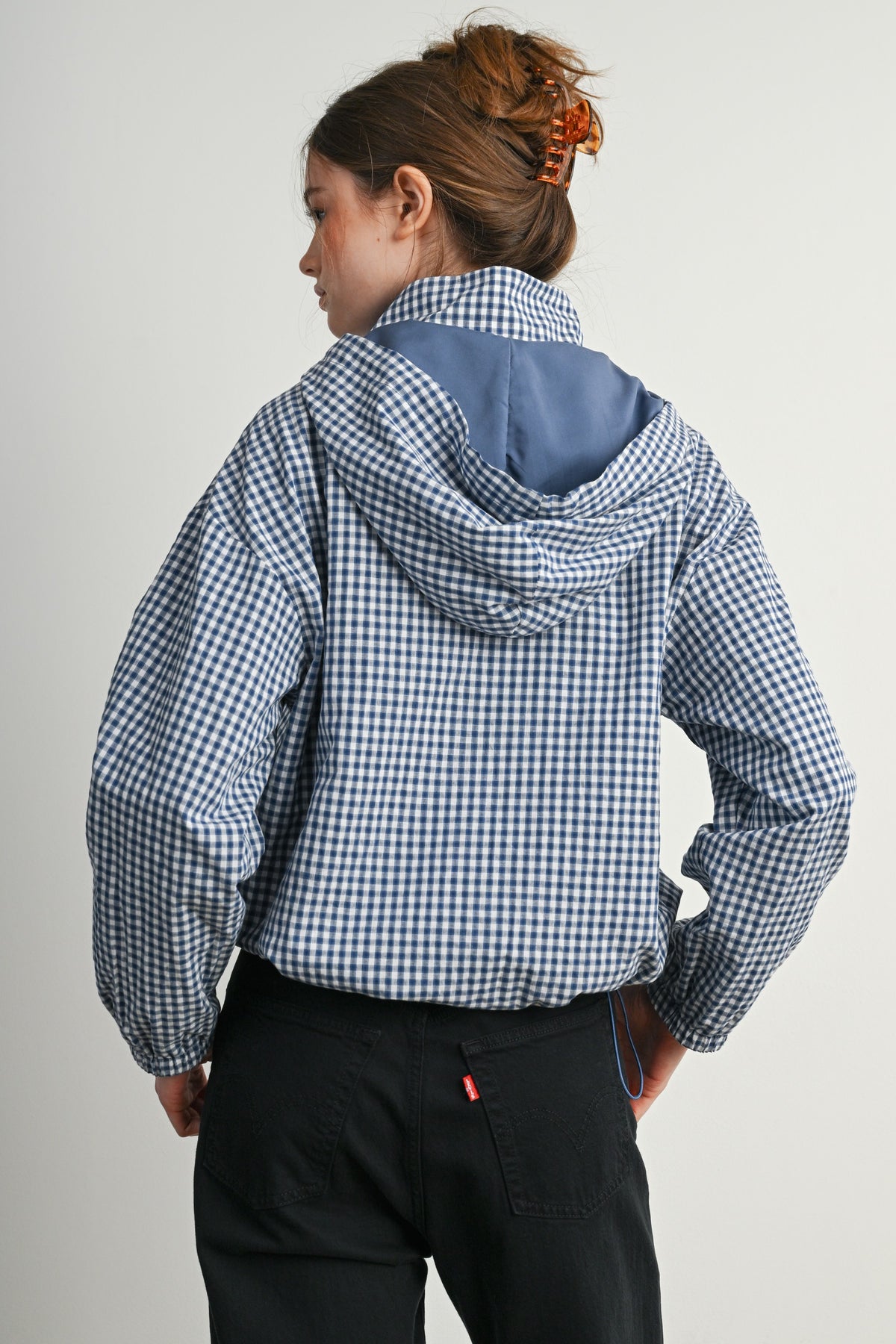 Navy Gingham Hooded Windbreaker