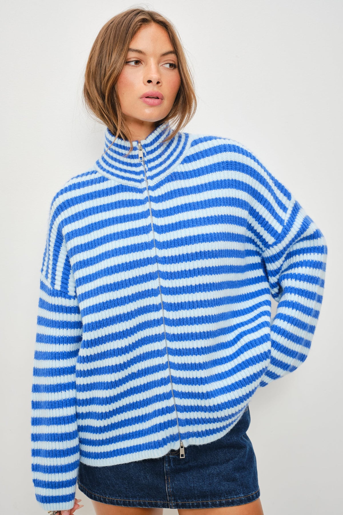 Blue Stripe Knit Zip-Up Jacket