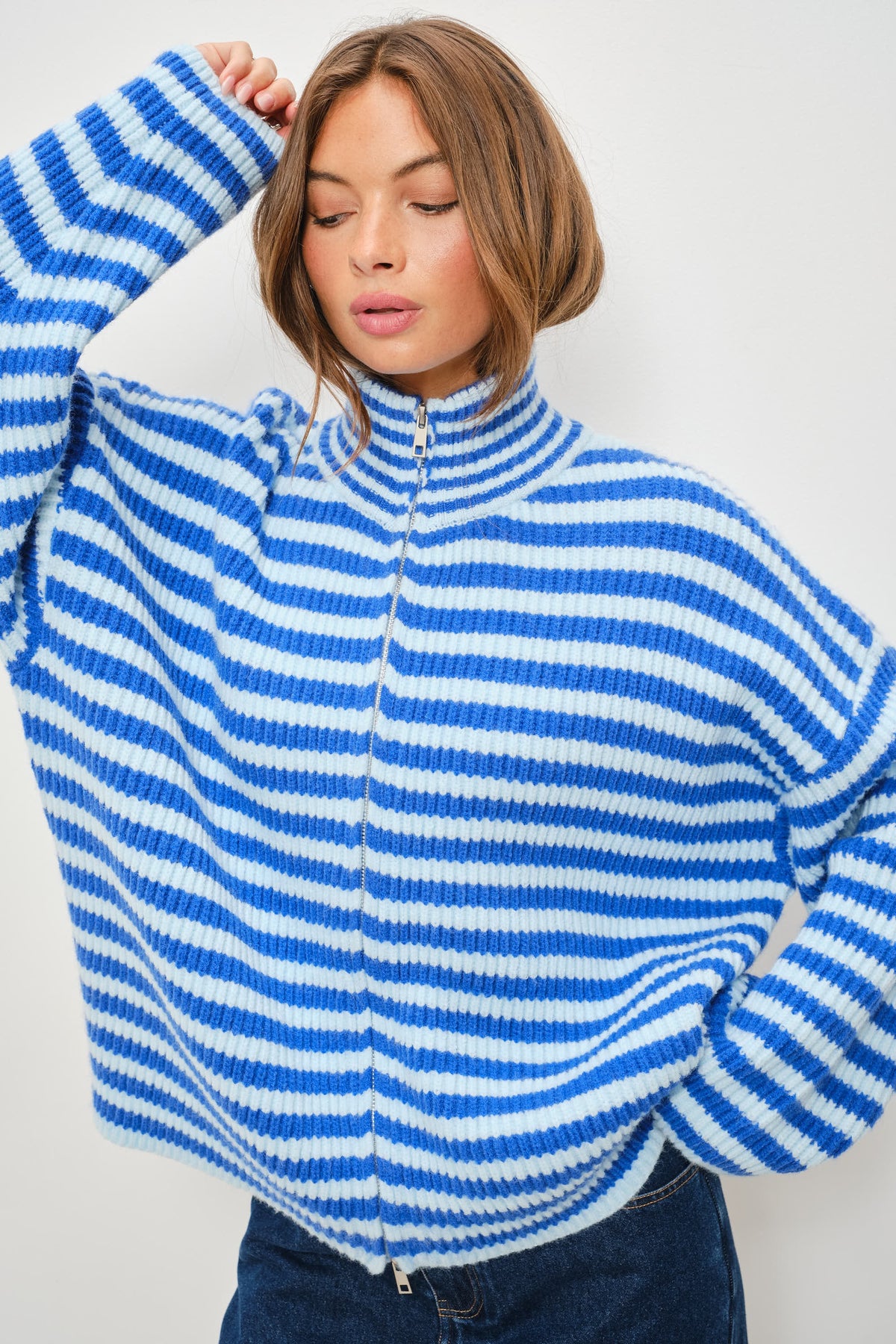 Blue Stripe Knit Zip-Up Jacket