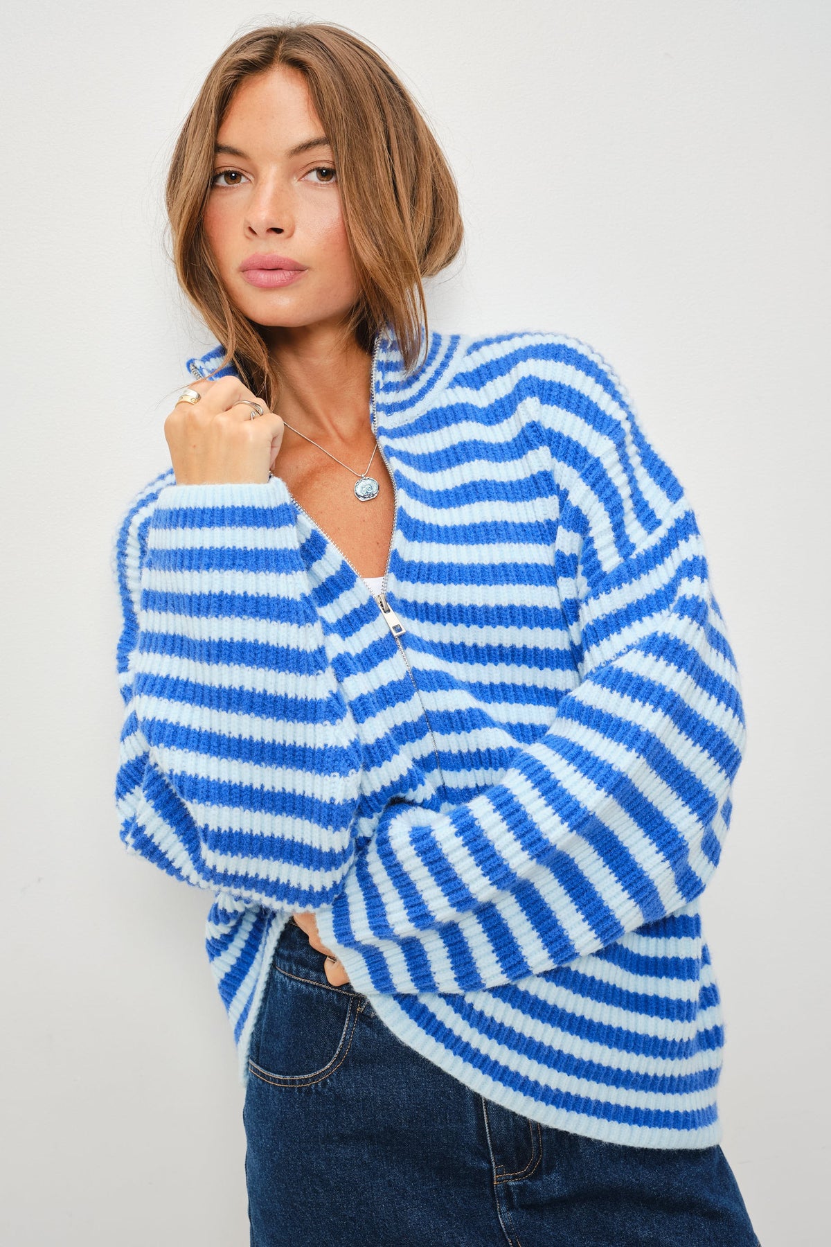 Blue Stripe Knit Zip-Up Jacket