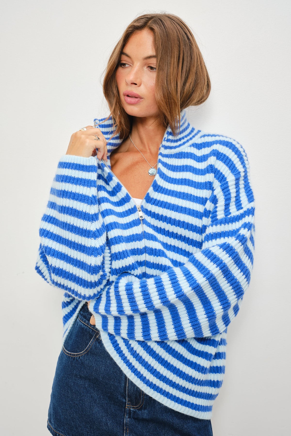 Blue Stripe Knit Zip-Up Jacket