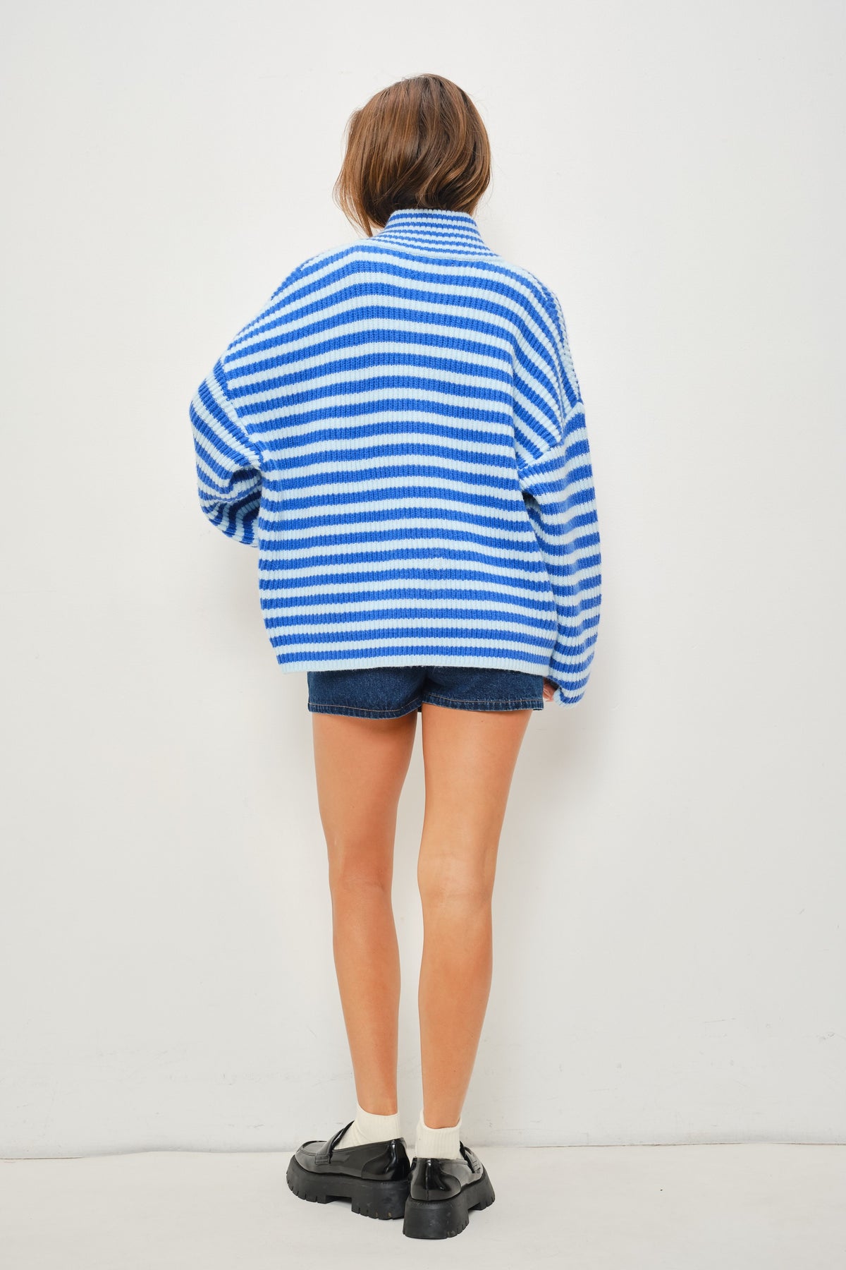Blue Stripe Knit Zip-Up Jacket