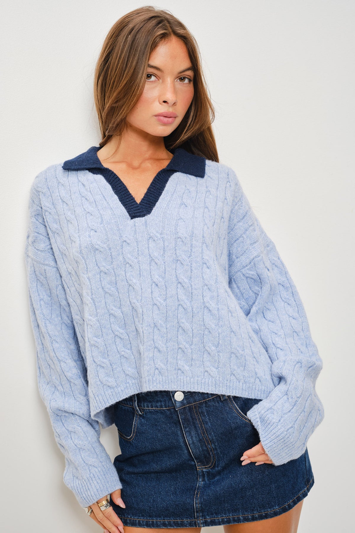 Powder Blue Cable Knit Collar Jumper