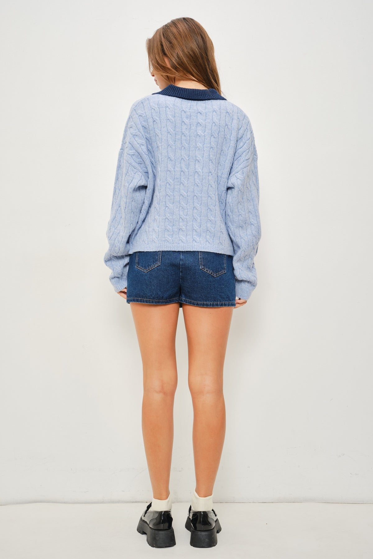 Powder Blue Cable Knit Collar Jumper