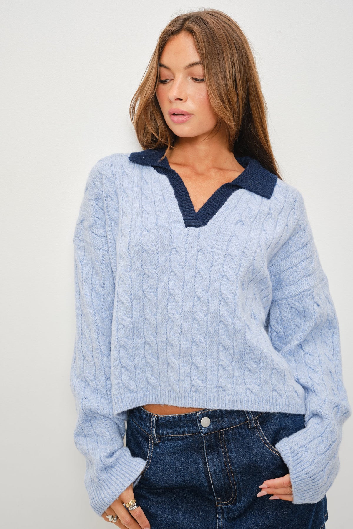 Powder Blue Cable Knit Collar Jumper